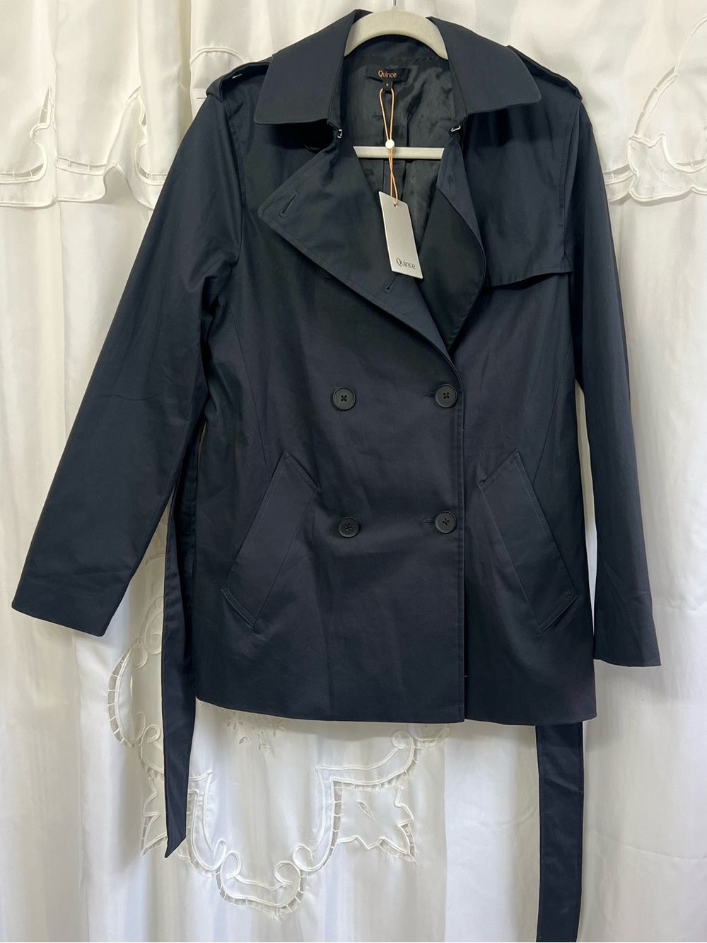 NWT Quince Comfort Stretch Short Trench Coat Black Small Belted - Picture 8 of 16